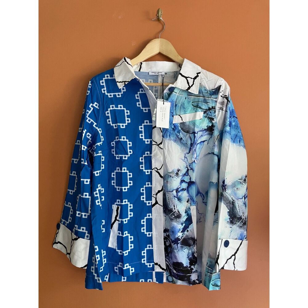 NWT Lemon Grass Royal Blue Abstract Mixed Print Button Down Shirt Size M